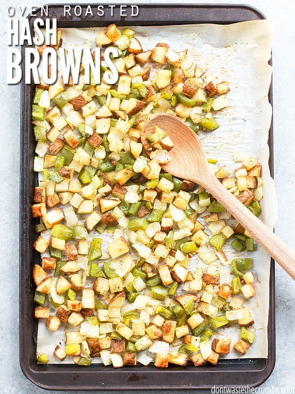 This oven-roasted hash brown recipe beats McDonalds in taste and health! The potatoes are diced and baked on a sheet pan in the oven to a golden crisp. This easy southern breakfast is healthy and frugal, without the need for preformed and frozen patties! DontWastetheCrumbs.com