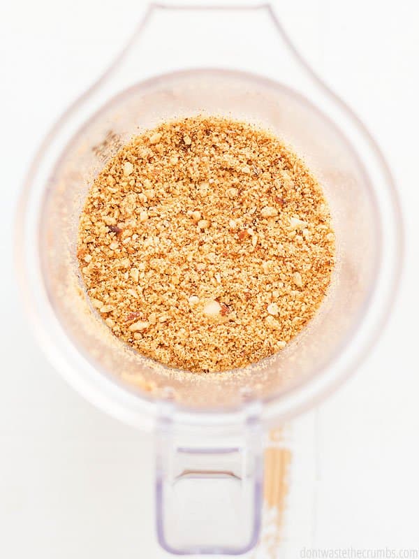 Breading in a blender for almond crusted baked chicken.