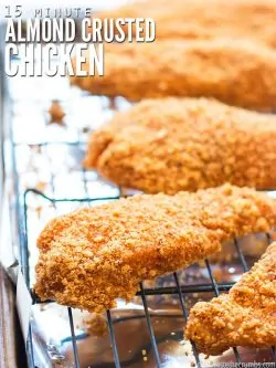Easy recipe for almond crusted baked chicken that's gluten-free, paleo, Whole30, & keto. Use chicken breasts, thighs, or tenders for this low carb meal! :: DontWastetheCrumbs.com