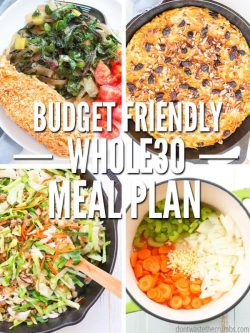 Four photos of food recipes; one breaded chicken breast with a salad, one with a baked dessert, one with a Asian salad and one with vegetable soup stock ingredients . Text overlay Budget Friendly Whole30 Meal Plan