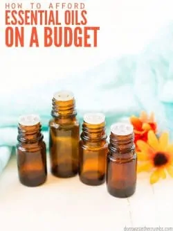 Four amber colored essential oil bottles next to a daisy flower. Text overlay How to Afford Essential Oils on a Budget.