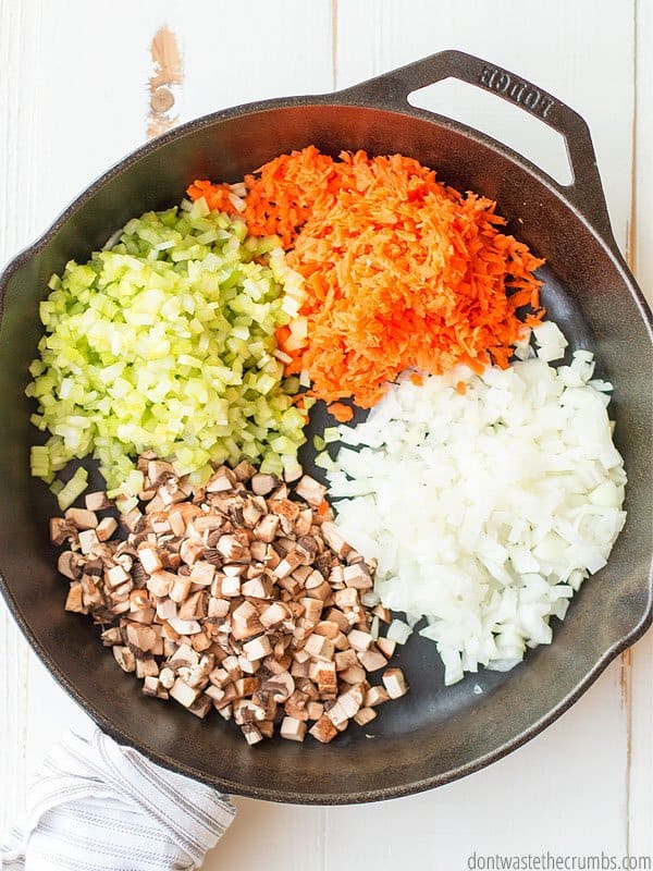 Diced celery, carrots, onions, and mushrooms for a ground beef recipe stretched for 8 meals.