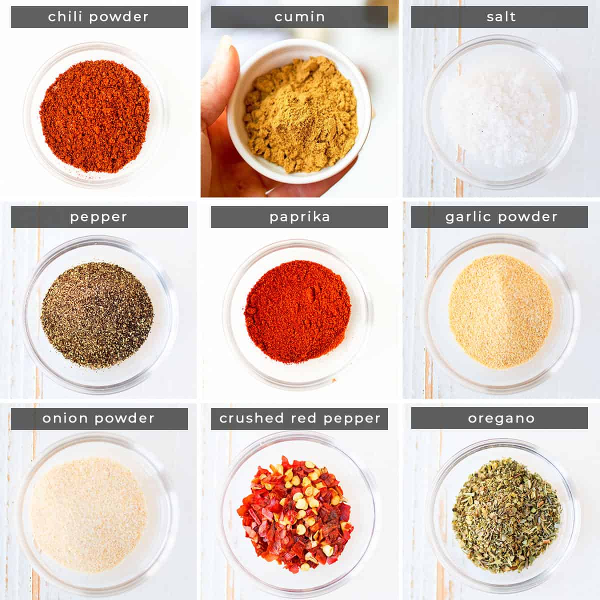 Image containing recipe ingredients chili powder, cumin, salt, pepper, paprika, garlic powder, onion powder, crushed red pepper, and oregano.