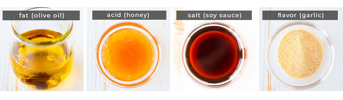 Image showing recipe ingredients olive oil, honey, soy sauce, and garlic powder.