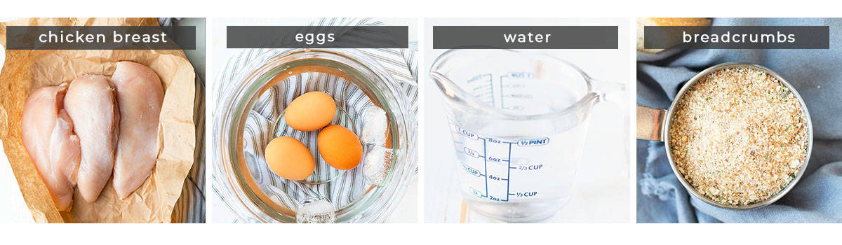 Image showing recipe ingredients chicken breast, eggs, water, and breadcrumbs.