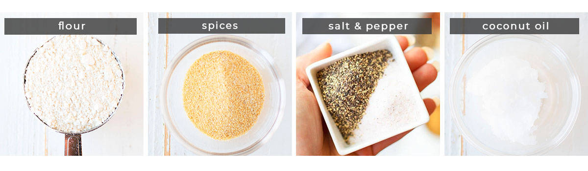 Image showing recipe ingredients flour, spices, salt & pepper, and coconut oil.