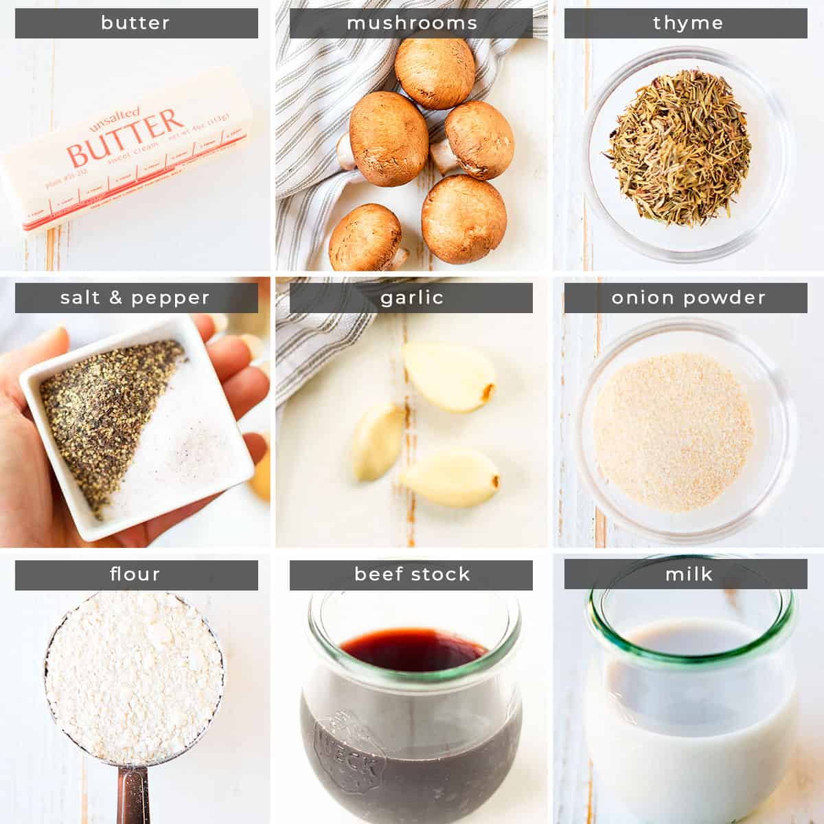 Image showing recipe ingredients butter, mushrooms, thyme, salt & pepper, garlic, onion powder, flour, beef stock, and milk.