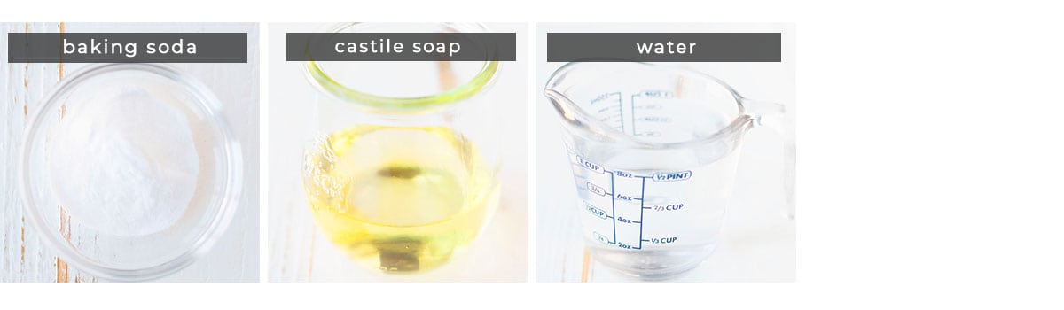 Image showing recipe ingredients baking soda, castile soap, and water.