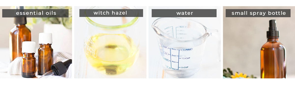 Image showing recipe ingredients essential oils, witch hazel, water, and a small spray bottle.