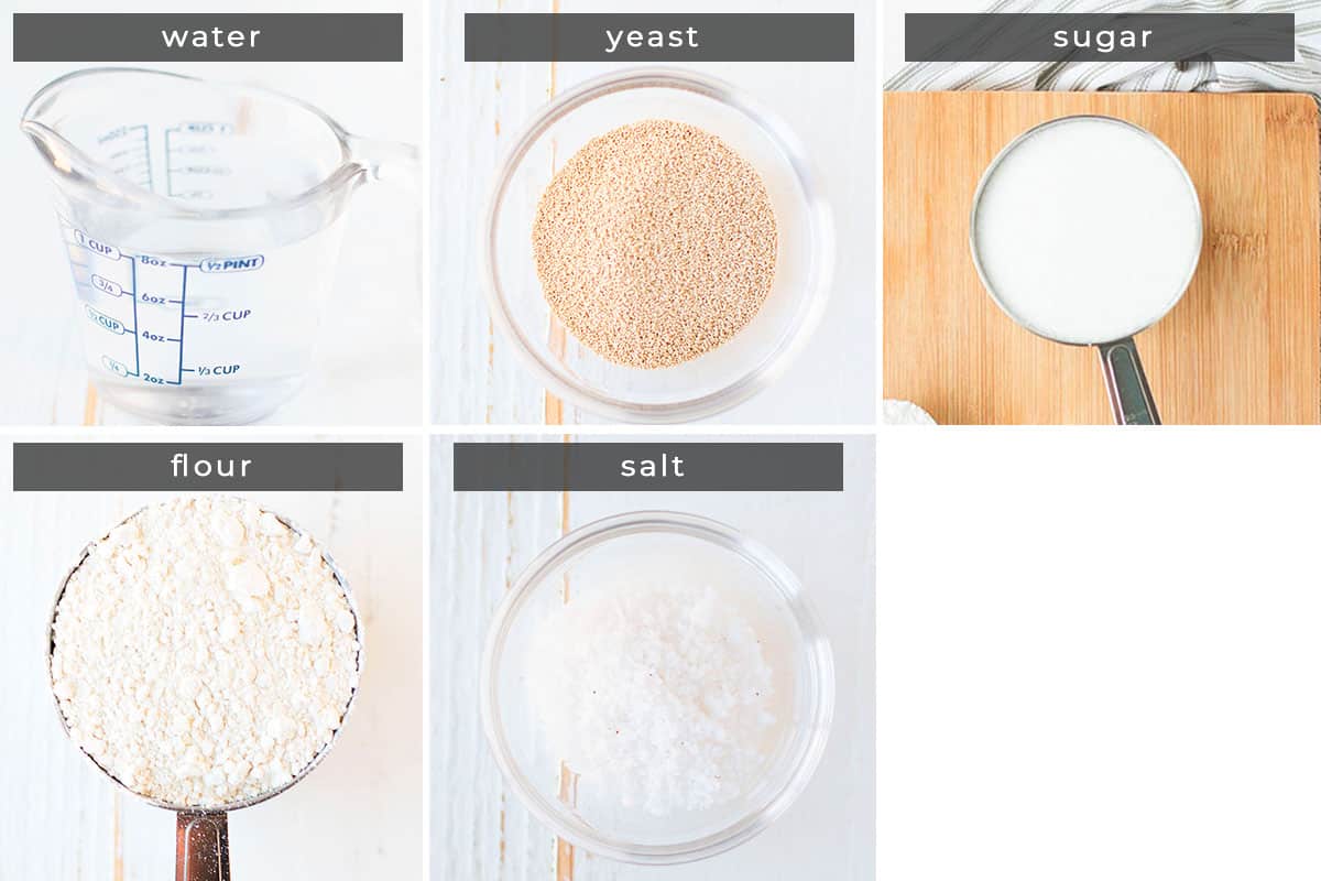 Image showing recipe ingredients water, yeast, sugar, flour, and salt.