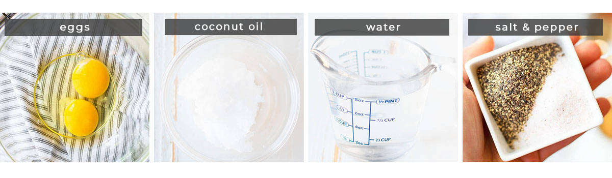 Image showing recipe ingredients eggs, coconut oil, water, and salt & pepper.