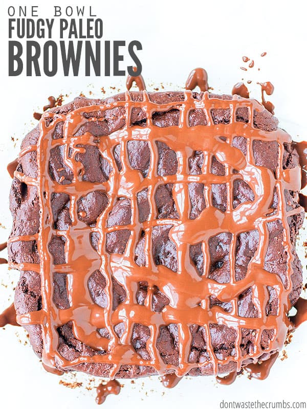 These simple triple fudgy paleo brownies uses almond butter & almond flour & are AMAZING. They're gluten-free, one-bowl and one easy swap makes them vegan. :: DontWastetheCrumbs.com