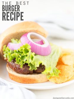 Cooked hamburger on an open faced bun, garnished with lettuce and two red onions rings. All sitting on a white serving plate with a side of potato chips. Text overlay The Best Burger Recipe.
