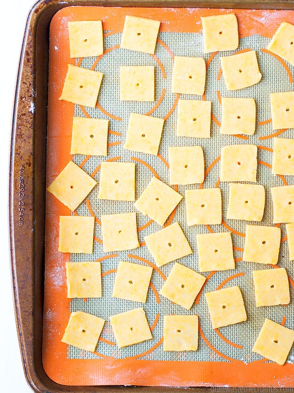 Cookie sheet with raw homemade cheez-its