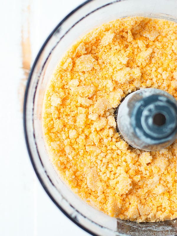 Homemade cheez its mixture in a food processor without a lid
