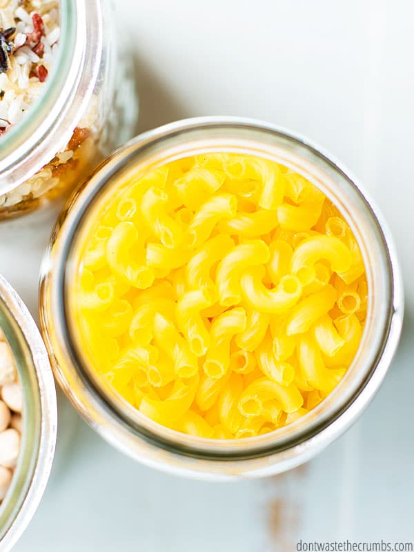 Pasta is a great source for your food stockpile! Sealed in a glass jar will help it last longer. 