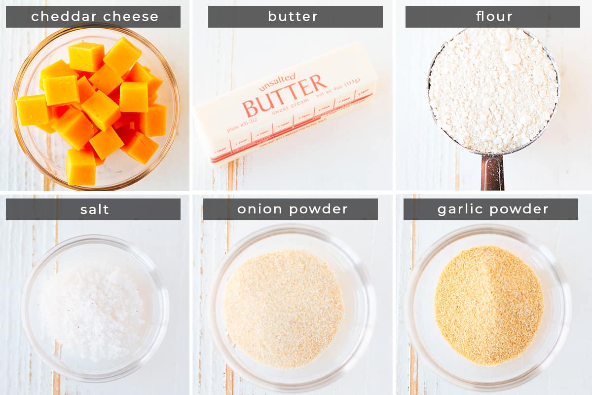 image containing recipe ingredients cheddar cheese, butter, flour, salt, onion powder, garlic powder.