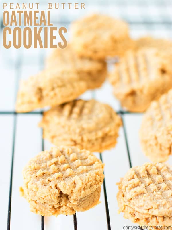 The cover of my Peanut Butter Oatmeal Cookies recipe which shows them piled up on a cooling rack. 