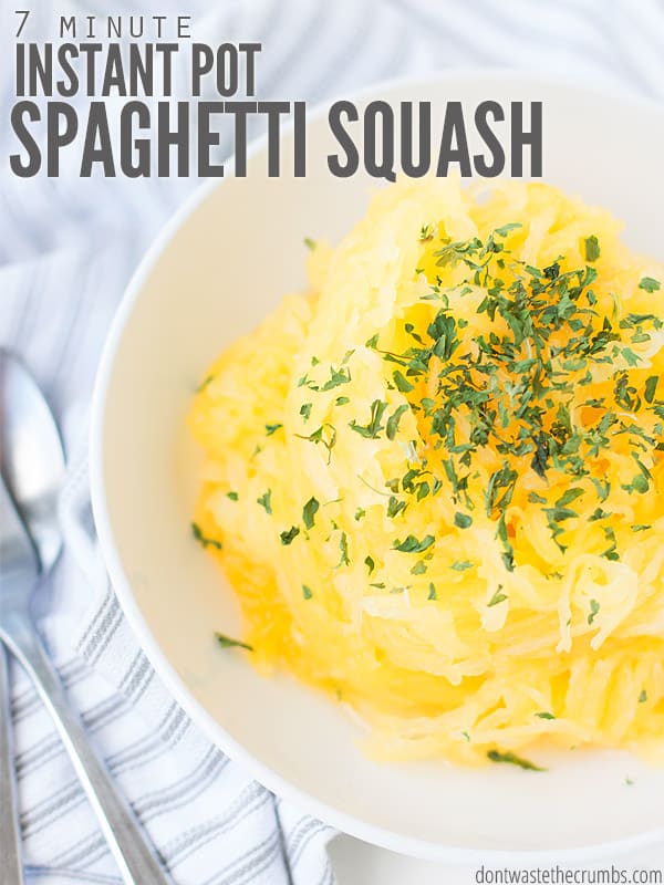 Learn how to cook spaghetti squash fast without oil in the Instant Pot. Plus tips on how to cut a whole spaghetti squash and healthy recipes ideas too! :: DontWastetheCrumbs.com