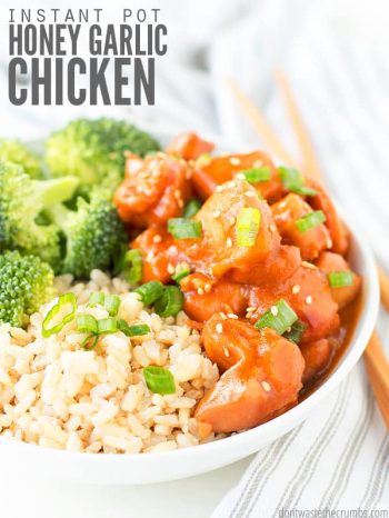 Instant Pot honey garlic chicken recipe is ready in 30 minutes! Use thighs or breasts and serve with rice and veggies for a healthy, fast weeknight dinner. :: DontWastetheCrumbs.com