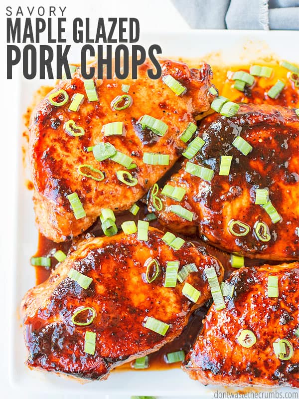 Maple glazed pork chops cook in 10 minutes for a quick & easy weeknight dinner. Delicious with sweet potatoes, the sauce can be used as a marinade! :: DontWastetheCrumbs.com