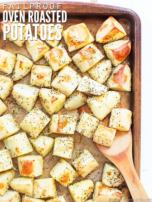 My easy, go-to recipe for crispy oven roasted potatoes. Add garlic and/or whatever herbs you have, or add carrots and onions for a quick healthy side dish! :: DontWastetheCrumbs.com