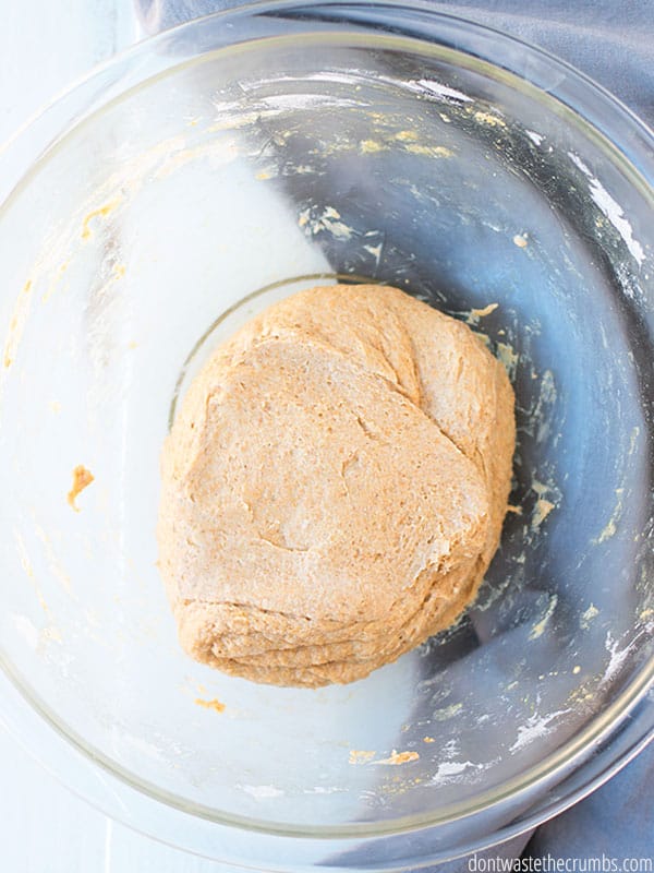 A freshly kneaded ball of homemade pizza dough inside of a large clear glass mixing bowl.