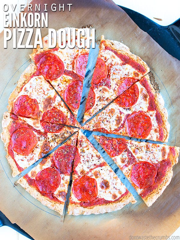 Pepperoni pizza cut into slices with text overlay, "Overnight Einkorn Pizza Dough".