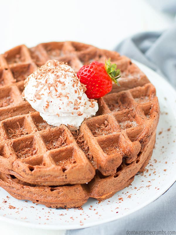 Close-up of two chocolate waffles on a plate, topped with homemade whipped cream, a strawberry, and chocolate shavings