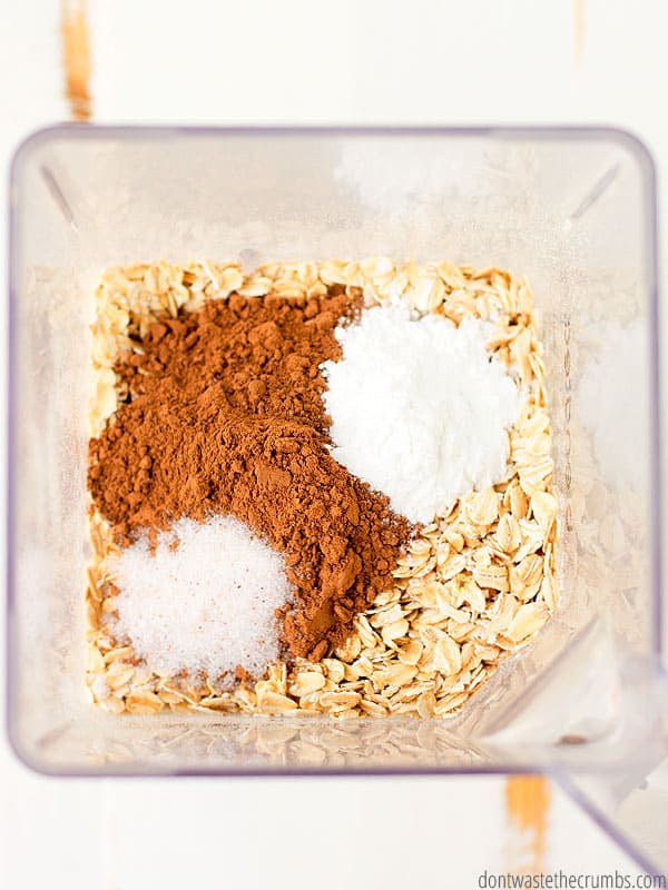 Dry ingredients for this double chocolate waffle recipe in the blender before blending.