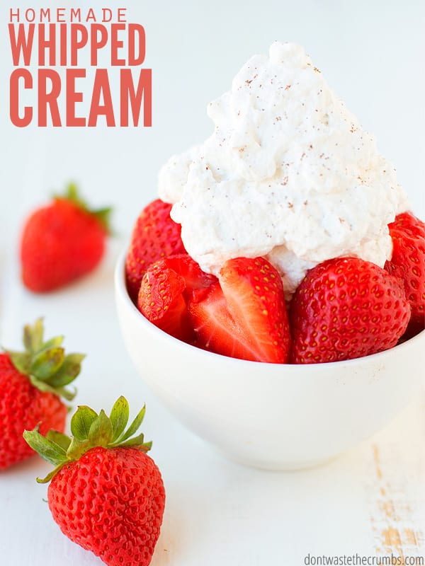 A picture of fresh strawberries with homemade whipped cream on top. A tutorial showing how to make homemade whipped cream from scratch!
