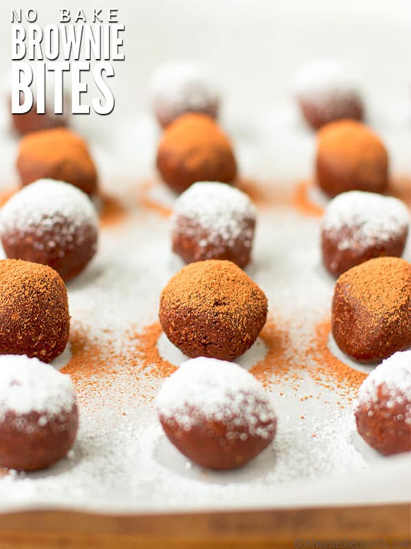 Easy no-bake brownie bites are gluten-free, dairy-free and SO GOOD! They're naturally healthy and easily made vegan. Use the recipe or a box of brownie mix! :: DontWastetheCrumbs.com