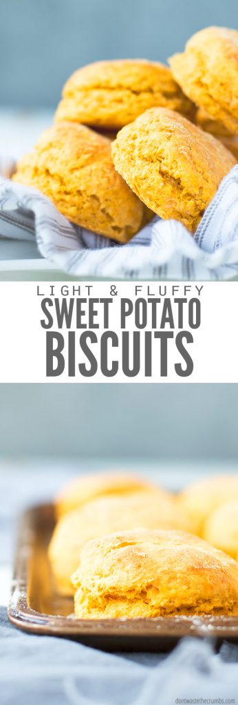 Two images of sweet potato biscuits. One of them stacked in a towel. The other image is the biscuits on a baking sheet. Text overlay says, "Light & Fluffy Sweet Potato Biscuits".