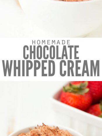 Two images of a bowl of chocolate whipped cream with strawberries being dipped in. Text overlay says, "Homemade Chocolate Whipped Cream".