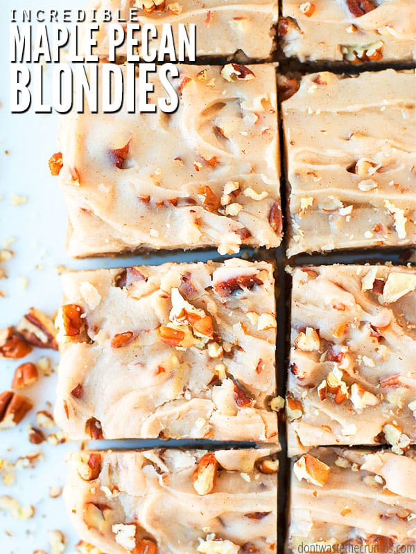 Maple pecan blondies cut into squares.