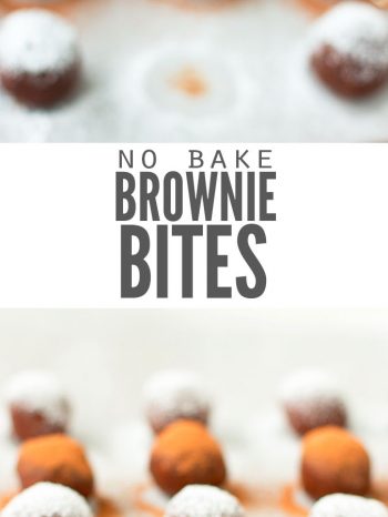 Two images of chocolate brownie bites dusted with powdered sugar and cocoa powder. Text overlay says, "No Bake Brownie Bites".