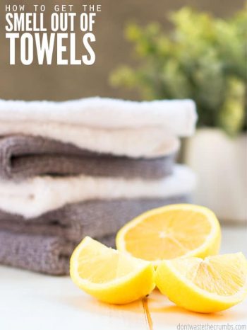 How to get the smell out of towels, including front load washer. Whether mildew or musty or mold or just smelly, here are 5 methods to get rid of the smell! : : DontWasteTheCrumbs.com
