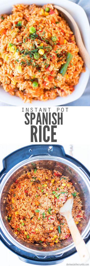 Two images, the first is a white bowl filled with Spanish rice with peas and corn throughout. The second image is an instant pot filled with spanish rice and a wooden spoon scooping out a serving. Text overlay says, "Instant Pot Spanish Rice".