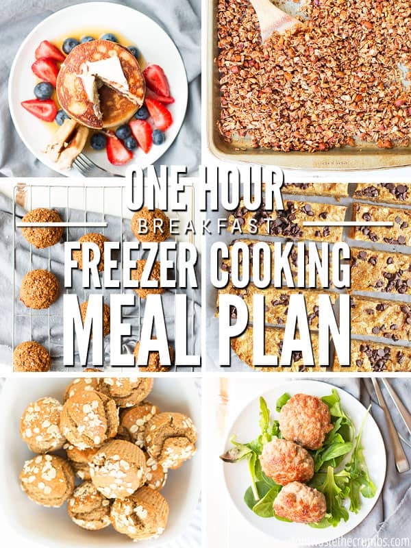 Six images with breakfast recipes and text overlay, "One Hour Breakfast Freezer Cooking Meal Plan"