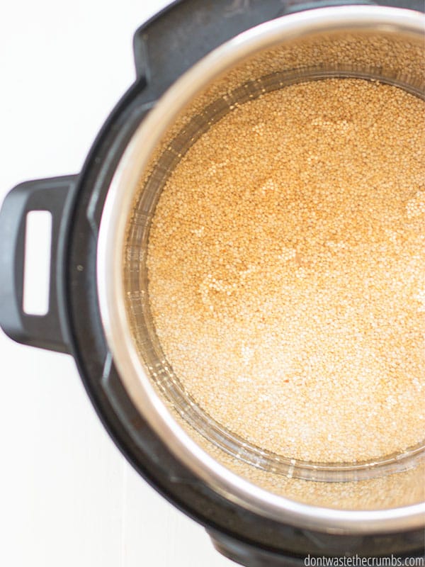Up close view of an Instant Pot with quinoa in water in the pot.