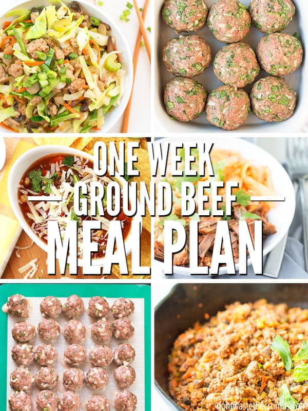 Get the one week meal plan with ground beef recipes using just 2 pounds of ground beef. Shopping list and recipes are included! : : DontWasteTheCrumbs.com