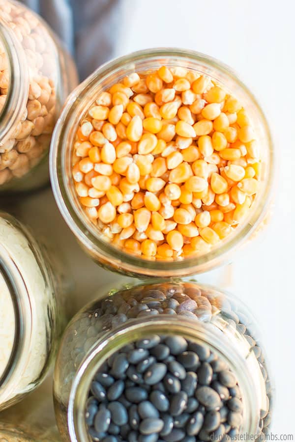 A jar of dried corn and black beans. Freezer friendly recipes for batch cooking basics 