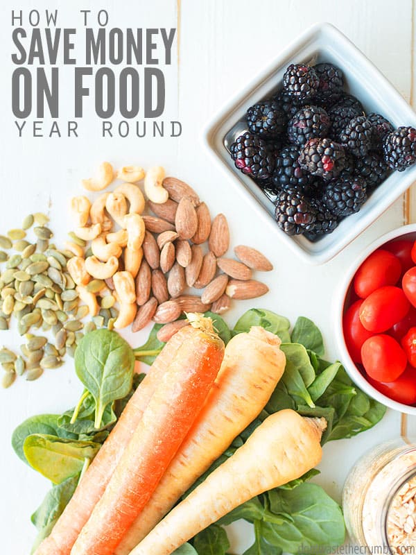 Assortment of nuts with a bowl of blackberries, bowl of cherry tomatoes, carrots on top of greens, and a jar of oatmeal. Learn how to use your supermarket money wisely! Text overlay reads How to Save Money on Food Year Round