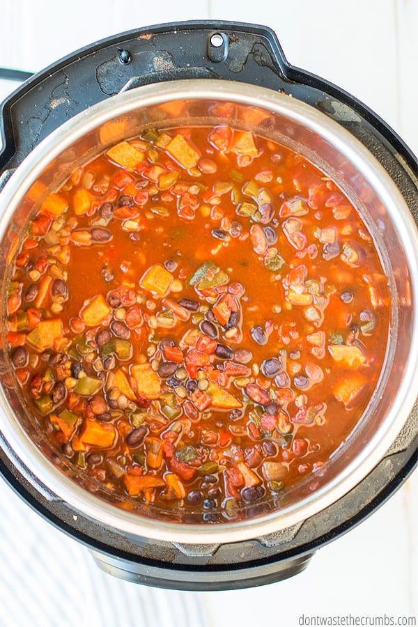 instant pot chili without meat, with beans and lentils and sweet potatoes