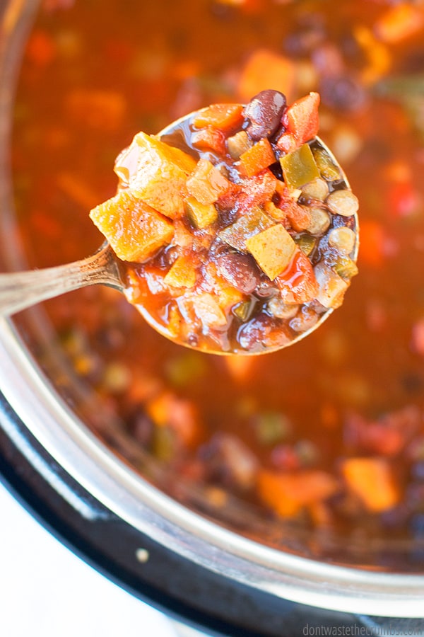 easy instant pot vegetarian chili recipe, with beans and sweet potatoes and chilies and lentils