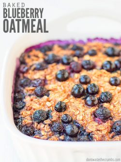 Easy recipe for Amish-style baked oatmeal with blueberries, but you can use apples or bananas. Includes option for vegan, crockpot and serving for one! :: DontWastetheCrumbs.com