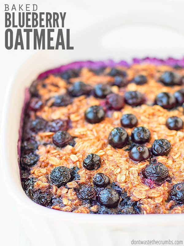 Easy recipe for Amish-style baked oatmeal with blueberries, but you can use apples or bananas. Includes option for vegan, crockpot and serving for one!