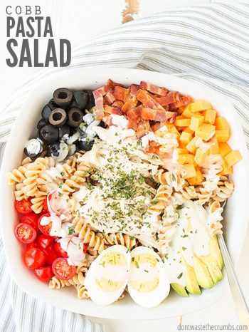 We make this California cobb pasta salad recipe with bacon every week in the summer. It's easy, healthy & a nice variation from Greek pasta salad! :: DontWastetheCrumbs.com