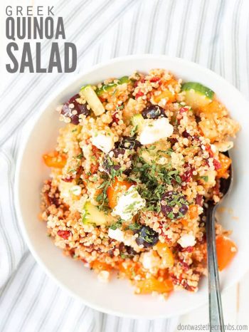 Light and healthy Greek quinoa salad with fresh vegetables and chickpeas is the perfect make-ahead lunch or side-dish. Top with dill or avocado if you can! : : DontWasteTheCrumbs.com