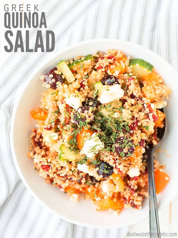 Greek Quinoa Salad dressing recipe with sundried tomatoes, kalamata olives, and feta cheese